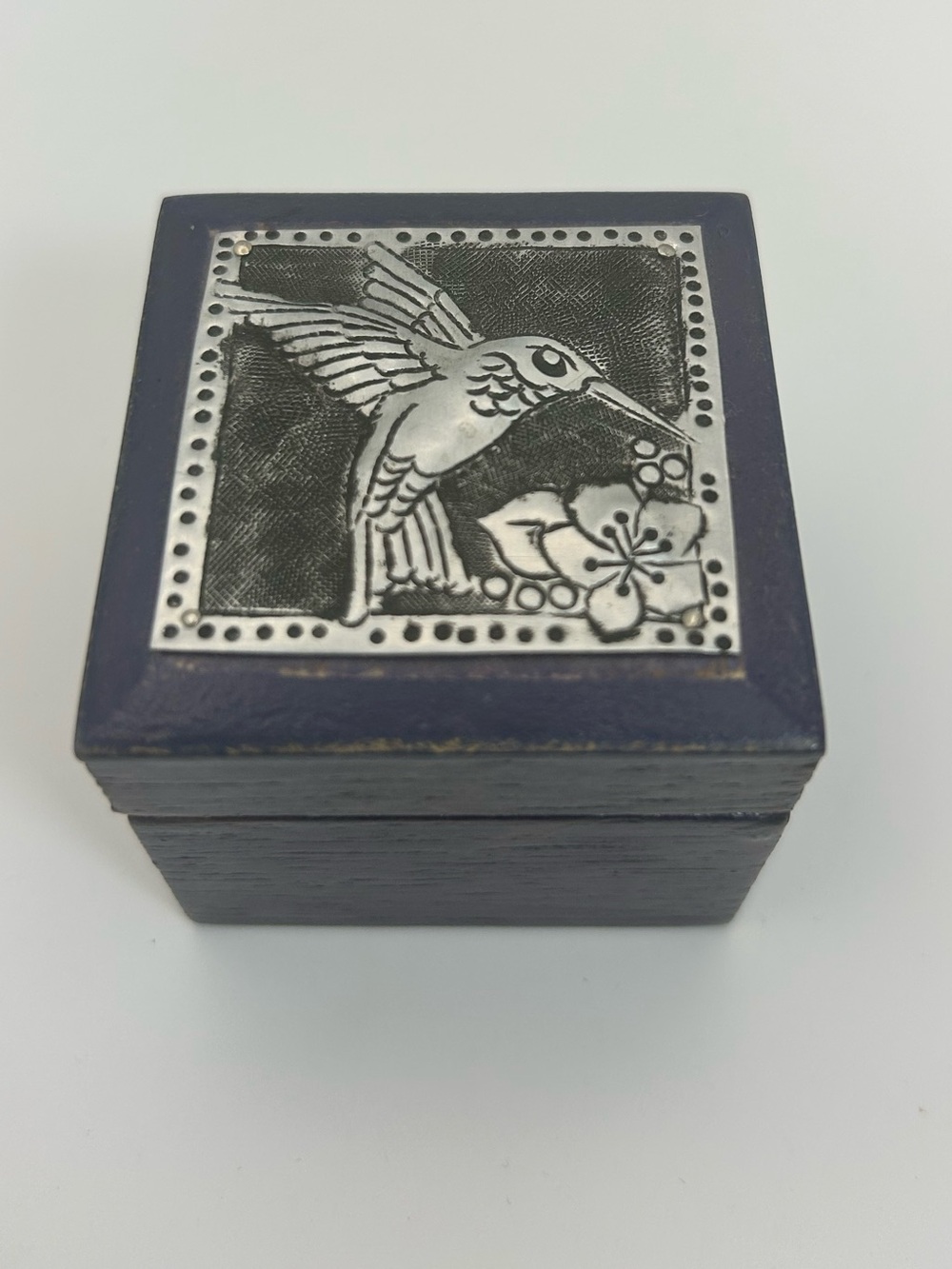 Navy Blue Hummingbird Trinket Box Wooden Small 2" Square Vintage Keepsakes